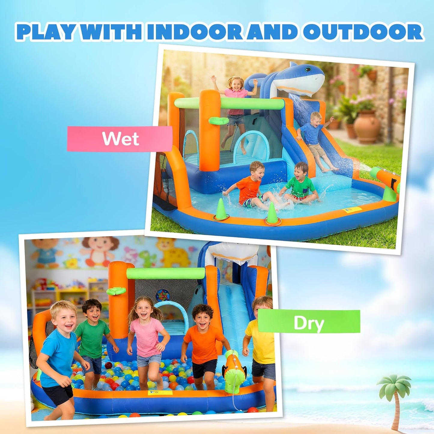 AIYAPLAY Large Inflatable Bouncy Castle for Kids, 8 in 1 Sharks Theme Jumping Bounce House with Slide, Ball Pit, Climbing Wall, Basketball Hoop and Blower for Indoor Outdoor Garden Party, Blue