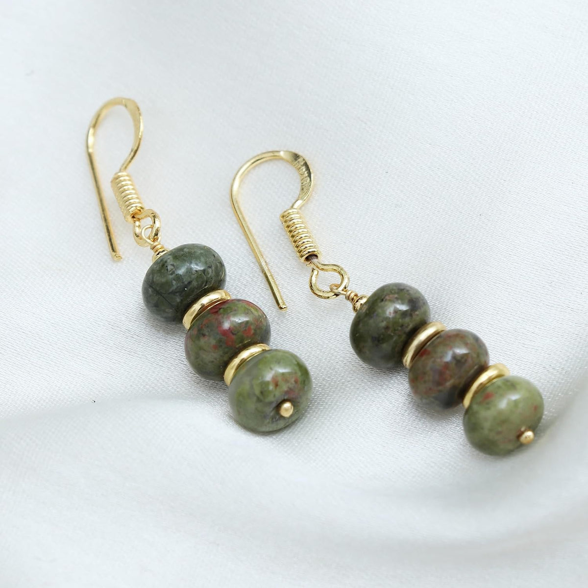 Gempires Natural Gemstone Rondelle Bead Earrings for Women | 8mm Beaded Drop Dangle Earrings | Gold Plated Hypoallergenic Hook Jewelry | Handmade Lightweight Crystal Earrings