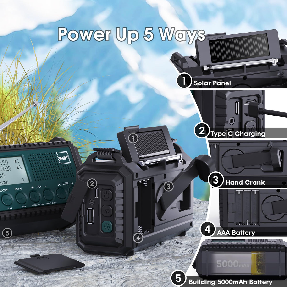ROCAM Wind up Radio Solar, Battery, Torch, Portable DAB Radio