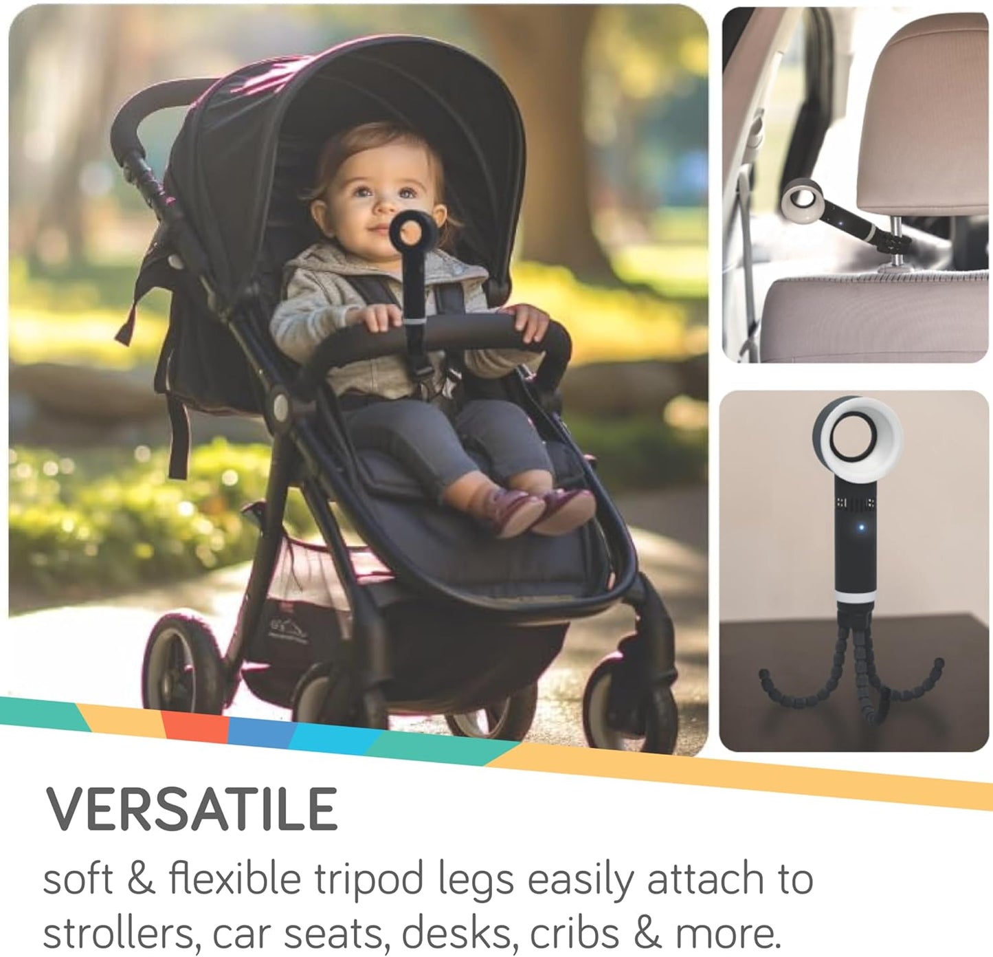 Nuby Portable Bladeless Pram Fan – Rechargeable | Flexible Tripod Legs | Safe & Quiet | Versatile & Portable