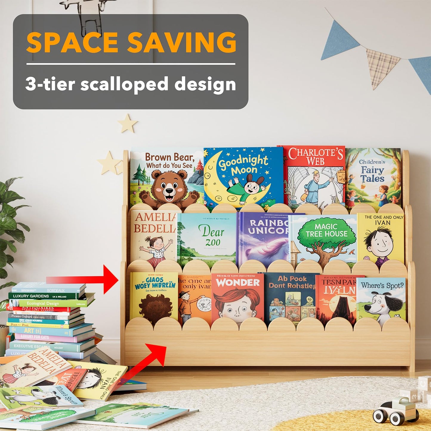 SpaceAid 3-Tier Scalloped Bookshelf, Montessori Bookcase for Toddlers, Wooden Book Shelf Organizer Display Furniture for Kids Rooms, Playroom, Nursery and Classroom, Natural