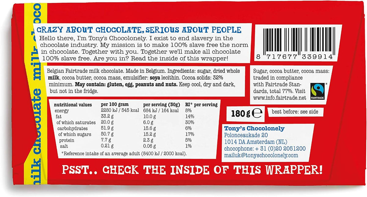 Tony's Chocolonely Milk Chocolate Bar - 180g Belgian Fairtrade Chocolate, Gift, 32% Cocoa, Vegetarian