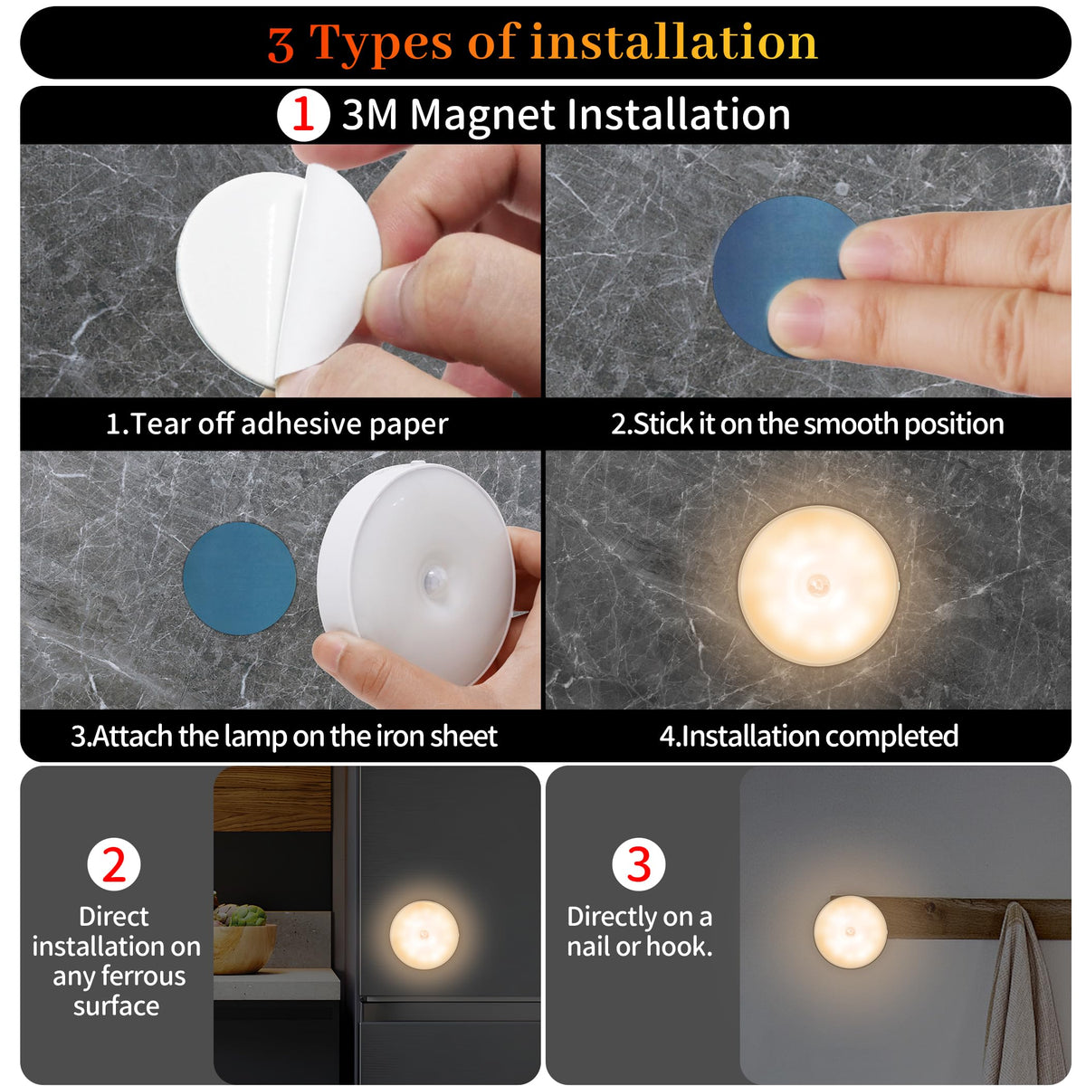 daphomeu Motion Sensor Lights Indoor,6 Pack Wireless USB Rechargeable Cupboard Lights,Stick on Wall Night Light,Battery Operated for Stair Wardrobe Corridors Closet Under Cabinet Kitchen Puck Lights