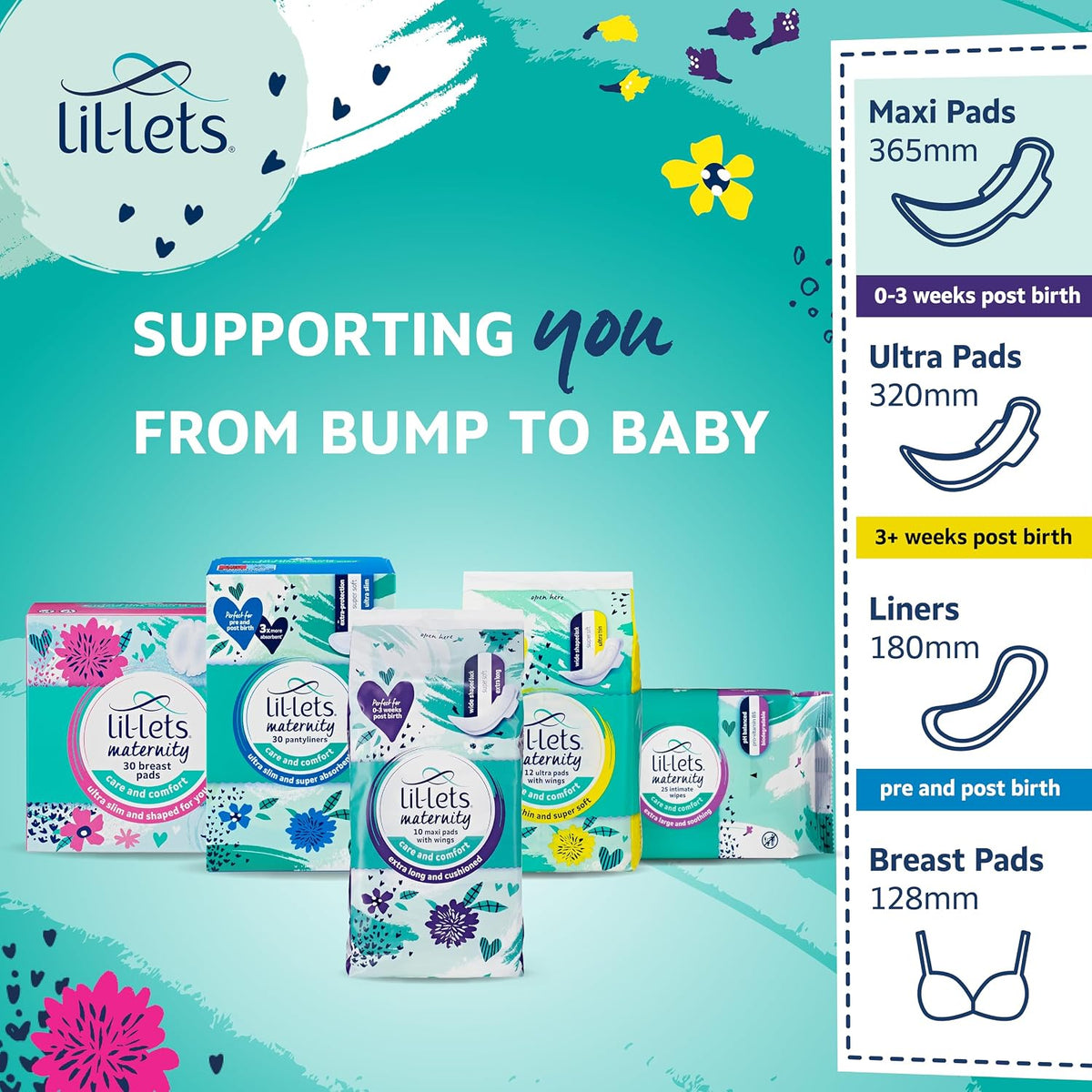Lil-Lets Maternity Pads, Extra Long Maxi Thick Towels, With Wings, Postpartum/After Birth Essential, 3 Packs of 10 (30 towels), Packing May Vary