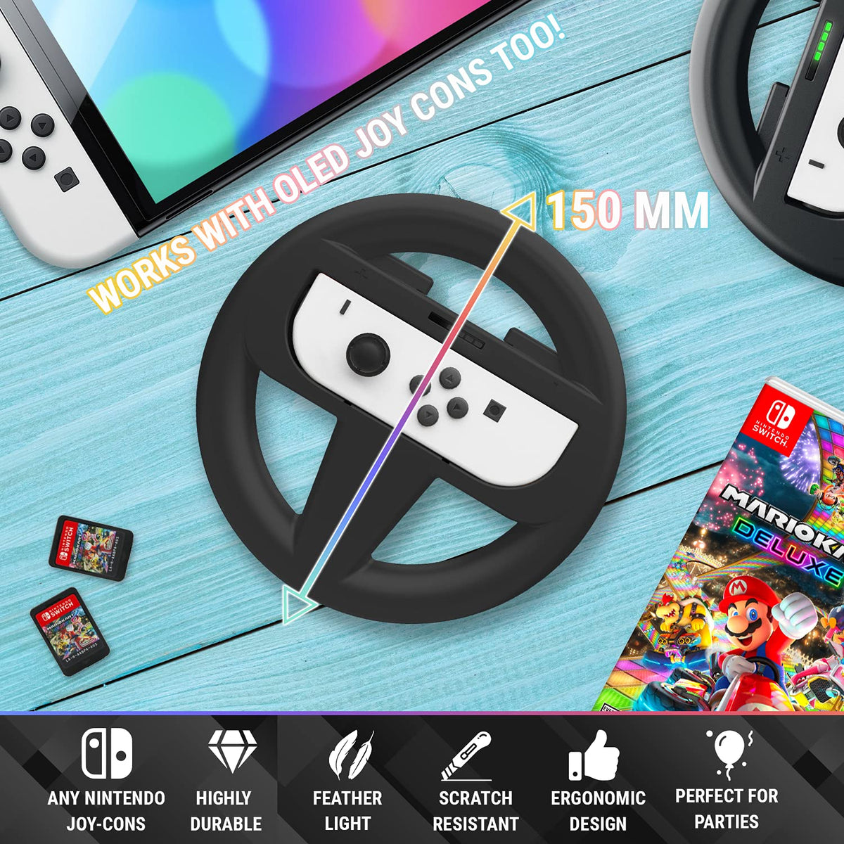 Orzly Racing Steering Wheels – Compatible with Switch 2 (2025 Console) – Party Pack of 4 Joy-Con Controller Attachments for Racing Games (2 Black, 1 Blue, 1 Red)