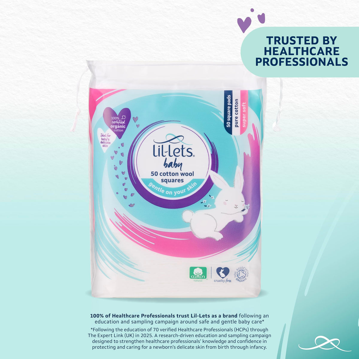 Lil-Lets Baby Cotton Wool Oval Pads, Certified Organic, 100% Pure Cotton Wool, Soft and Absorbent, Gentle on Baby's Delicate Skin, Dermatologically Tested, Ideal for Newborns, Pack of 50 Oval Pads