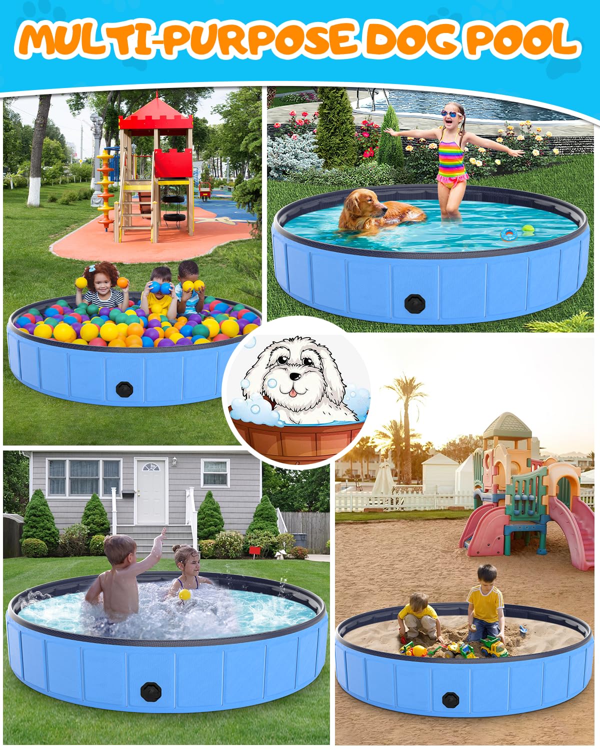 Instraella Dog Paddling Pool with Canopy, Large Dog Pool with UV Protection, Foldable Paddling Pool for Kids & Dogs, Thickened Pet Swimming Pool, Portable Dog Bath Tub for Small, Medium, Large Pets