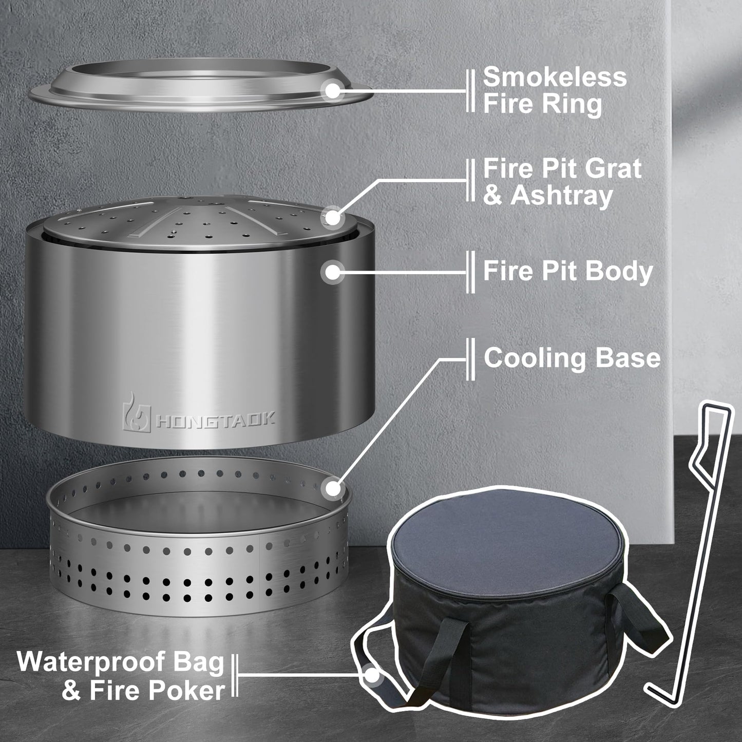 Smokeless Fire Pit with Removable Ash Pan, Fire Pits for Garden Wood Burning, Portable Camping Firepit, for Backyard Patio, Stainless Steel, Waterproof Bag & Poker Included, 50 x 38cm, Silver