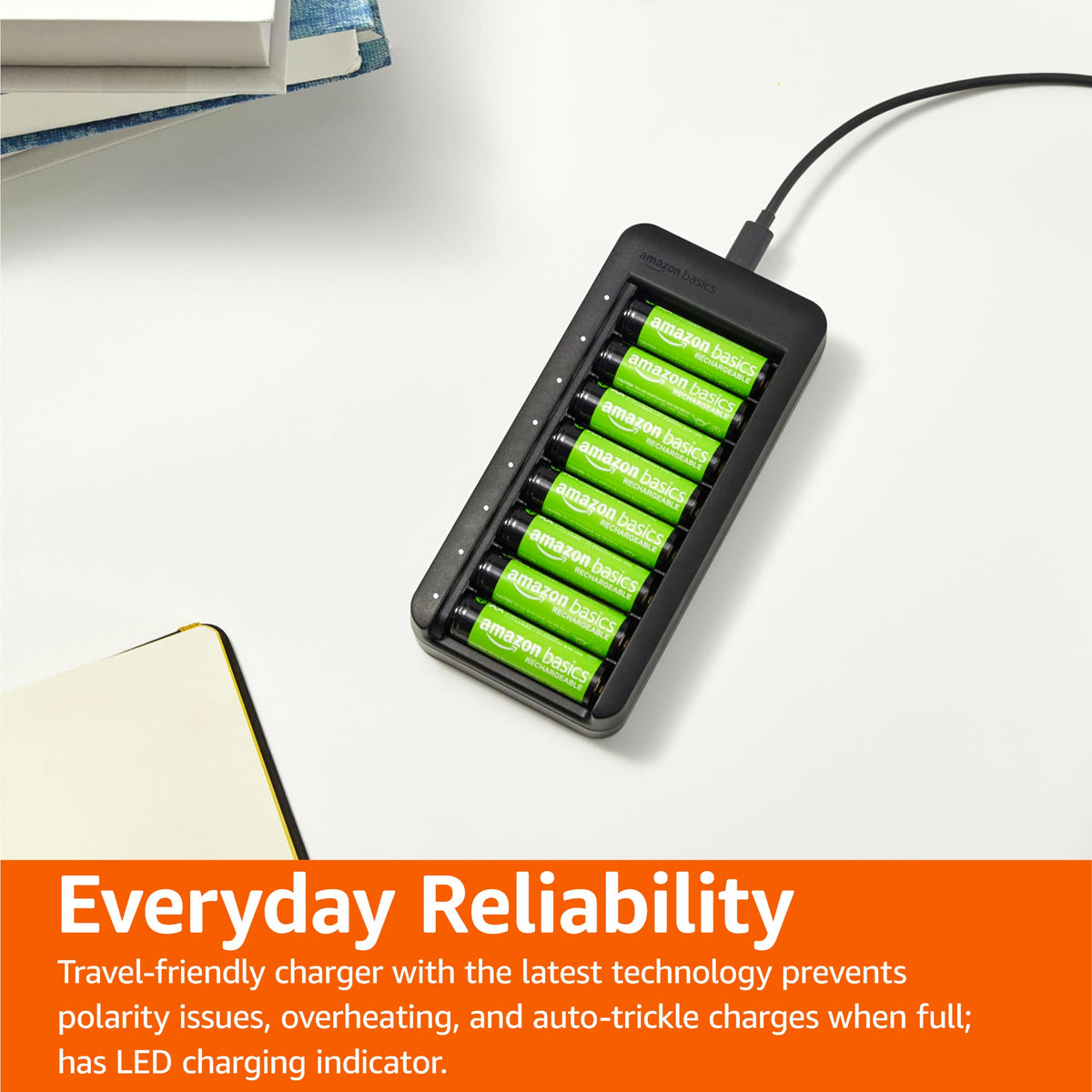 Amazon Basics 4 Slot Ni-MH AA & AAA Battery Charger With Indicator LEDs, With USB Port, Black