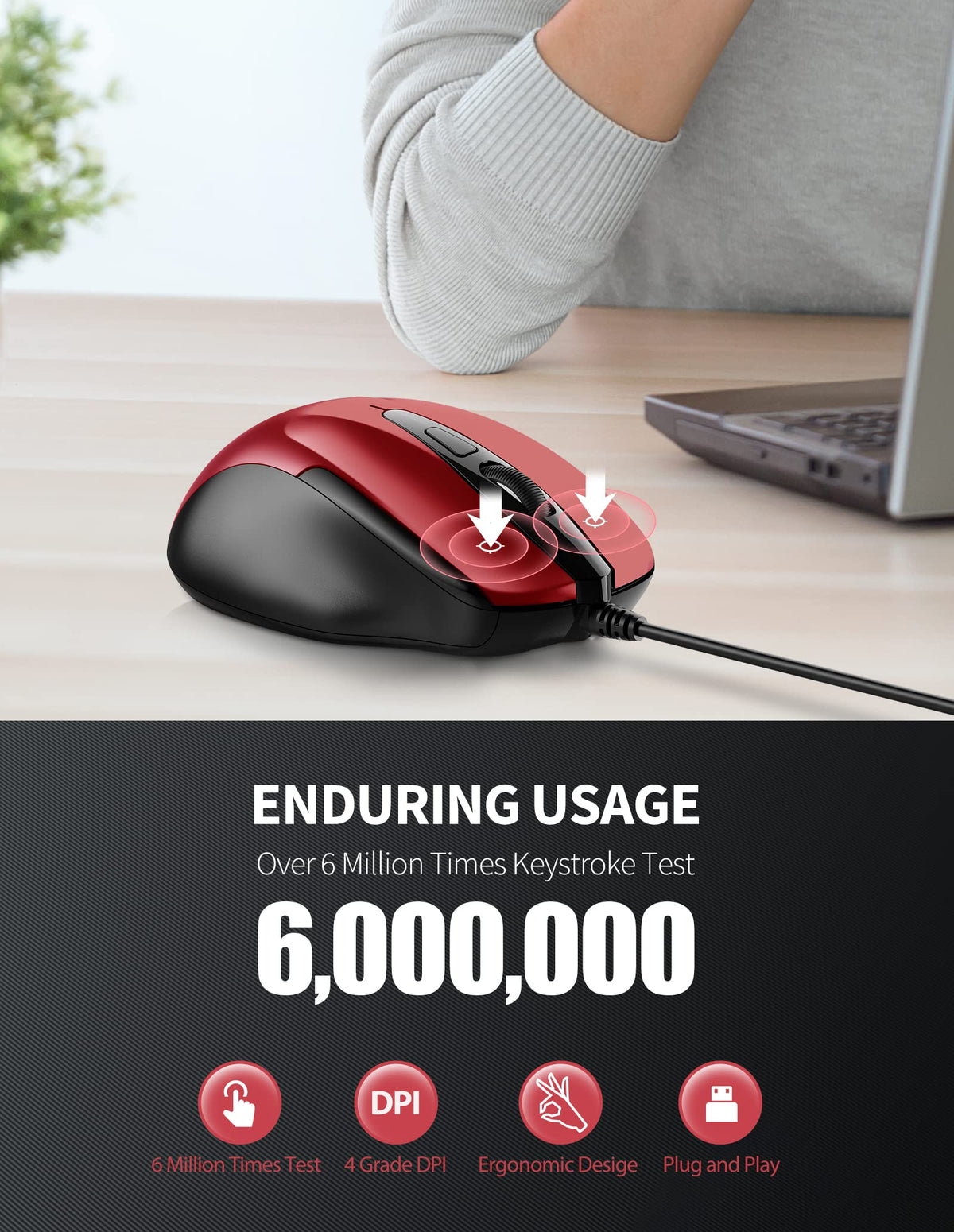 TECKNET USB Wired Mouse, 6400 DPI Mice 4 Adjustable DPI with 6-Button Corded, Optical Computer Mouse with Ergonomic Design for Laptop, Chromebook, PC, Desktop, Mac, Notebook