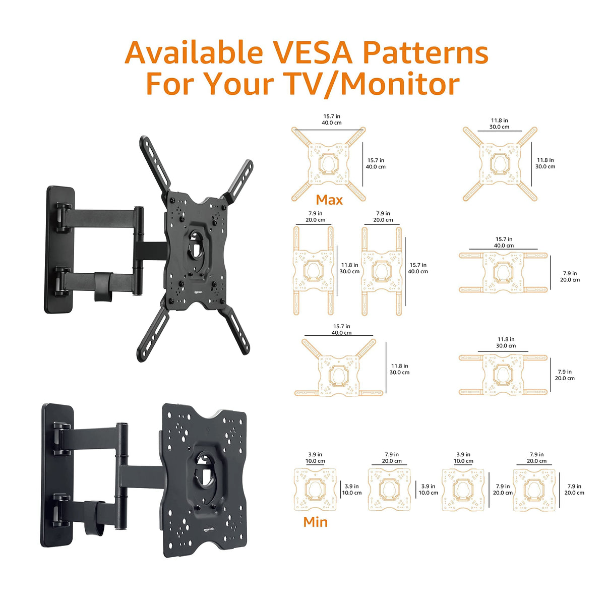Amazon Basics TV Wall Mount, Full Motion Swivelling Tilting TV Bracket for 12-40 Inch Flat and Curved TV or Monitor up to 36 kg, Max VESA 200x200 mm, Black