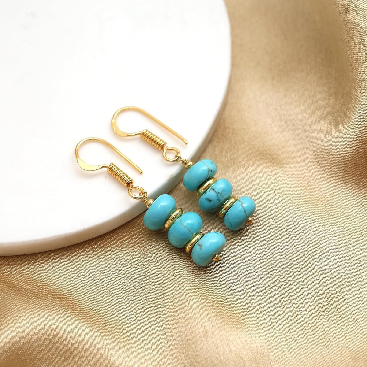 Gempires Natural Gemstone Rondelle Bead Earrings for Women | 8mm Beaded Drop Dangle Earrings | Gold Plated Hypoallergenic Hook Jewelry | Handmade Lightweight Crystal Earrings