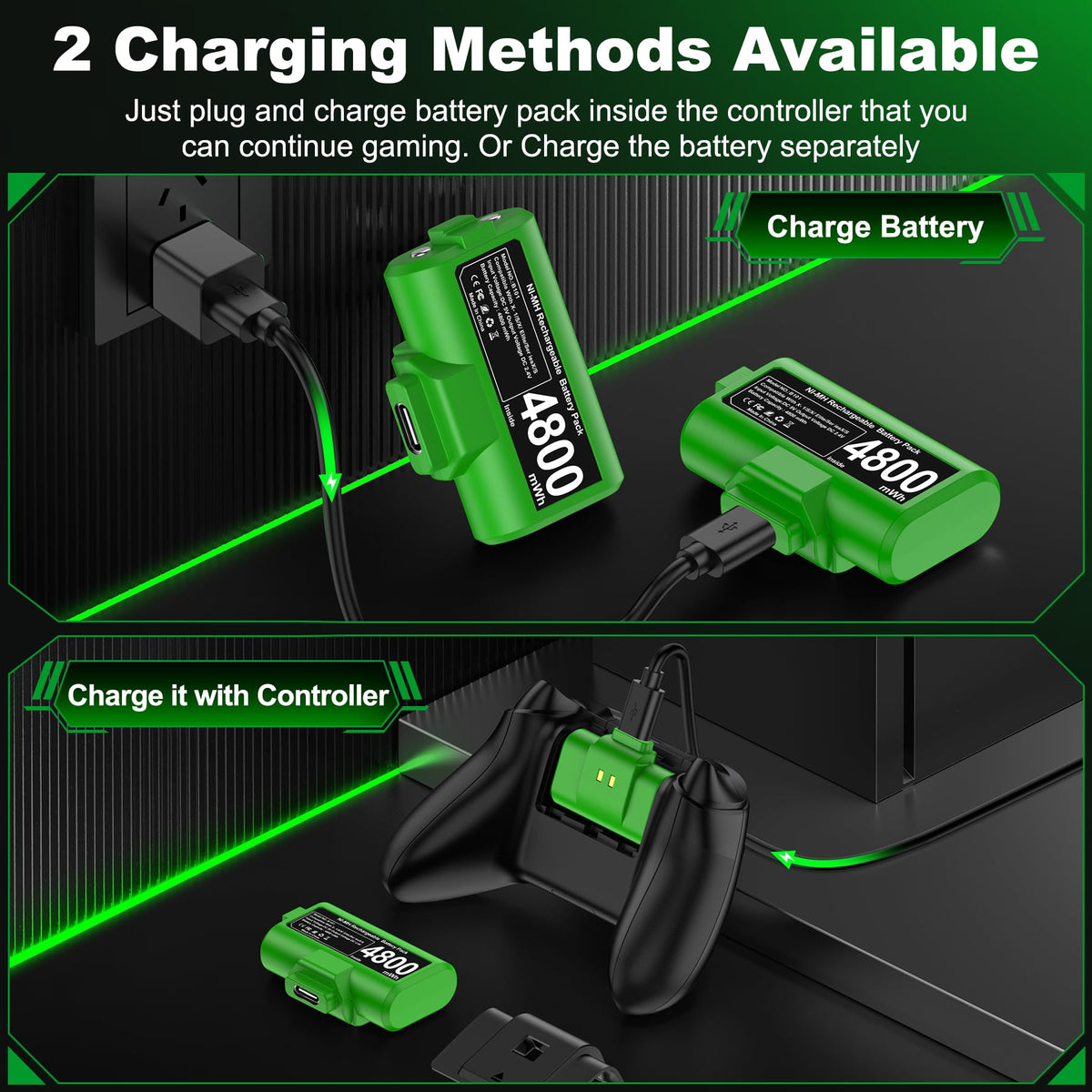 Rechargeable Battery Pack for Xbox Controller, Battery Pack with 2×4800mWh/LED Indicator/12 Hours Playtime,Play and Charge Kit for X-box One/S/X/Elite, Xbox Series S/X Interactive Gaming Figures