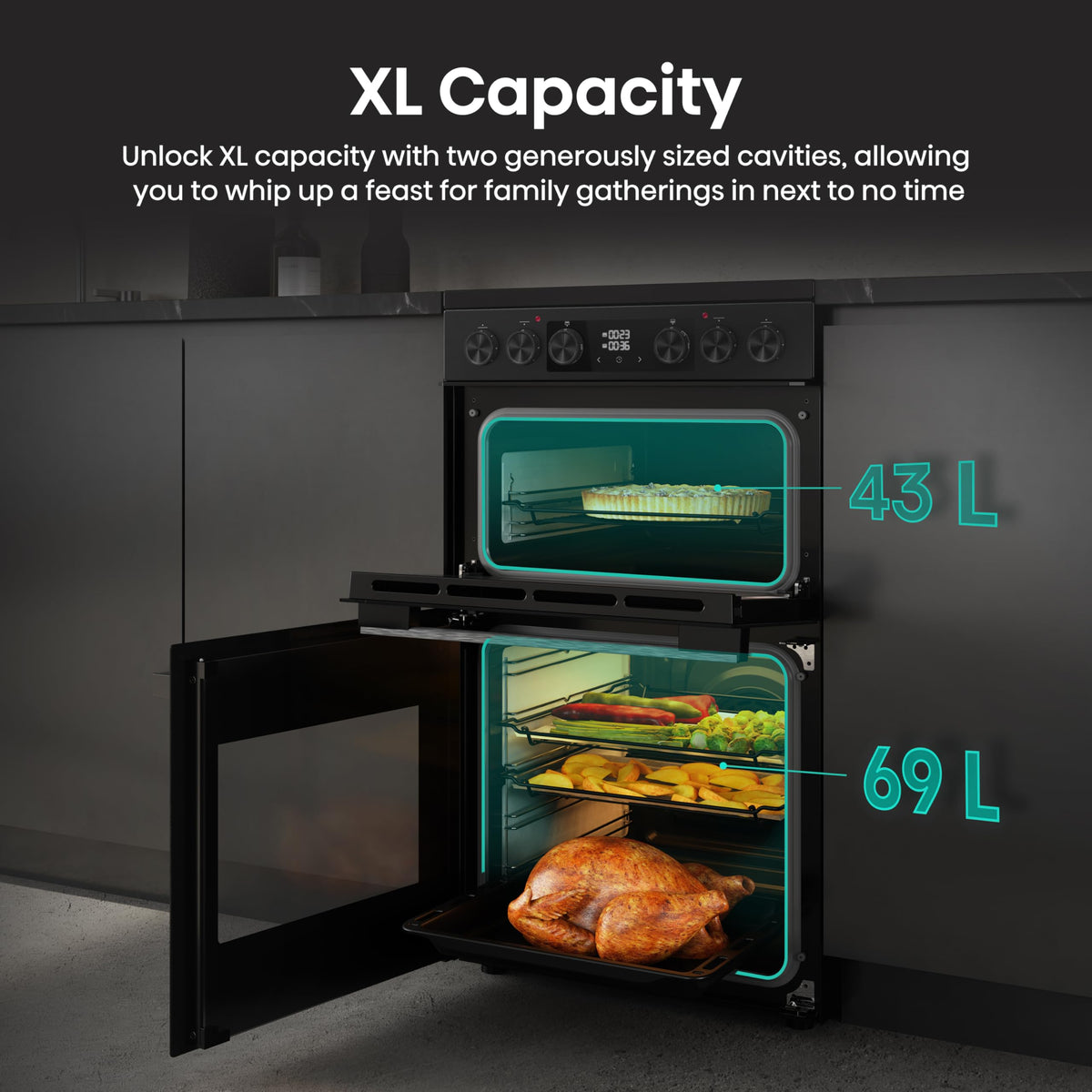 Hisense HDUKC60W 60cm Electric Cooker with Ceramic Hob-White, A Rated Double Oven 50L/80L [Energy Class A]