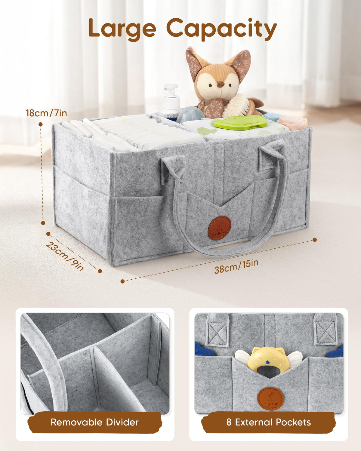 Maliton Nappy Caddy Organiser with 8 Pockets & Removable Dividers (Khaki)