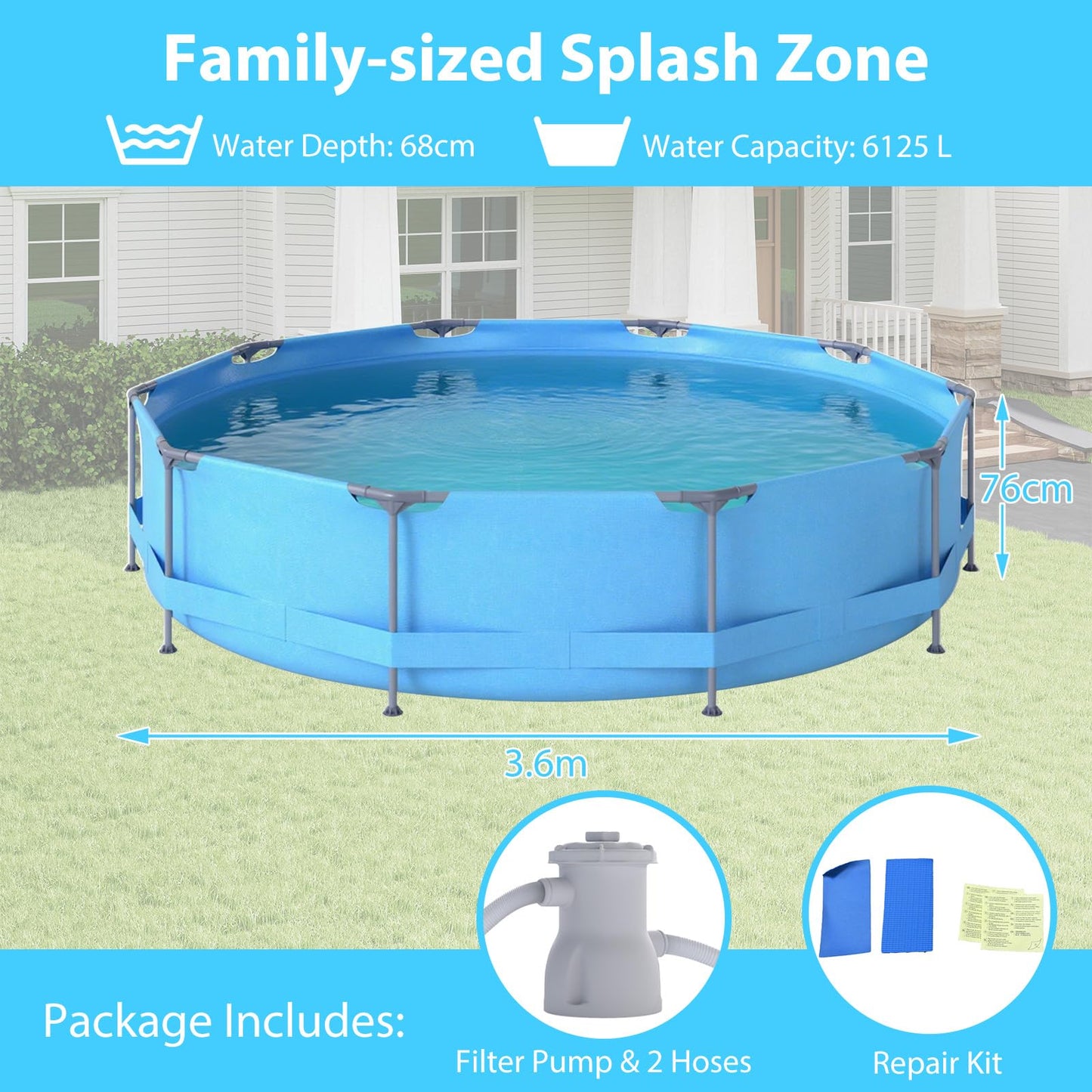 COSTWAY Above Ground Swimming Pool, Outdoor Round/Rectangular Large Framed Pool Set, Metal Frame Garden Family Pools for Kids and Adults (Gray, 300 x 207 x 66 cm, Rectangular)