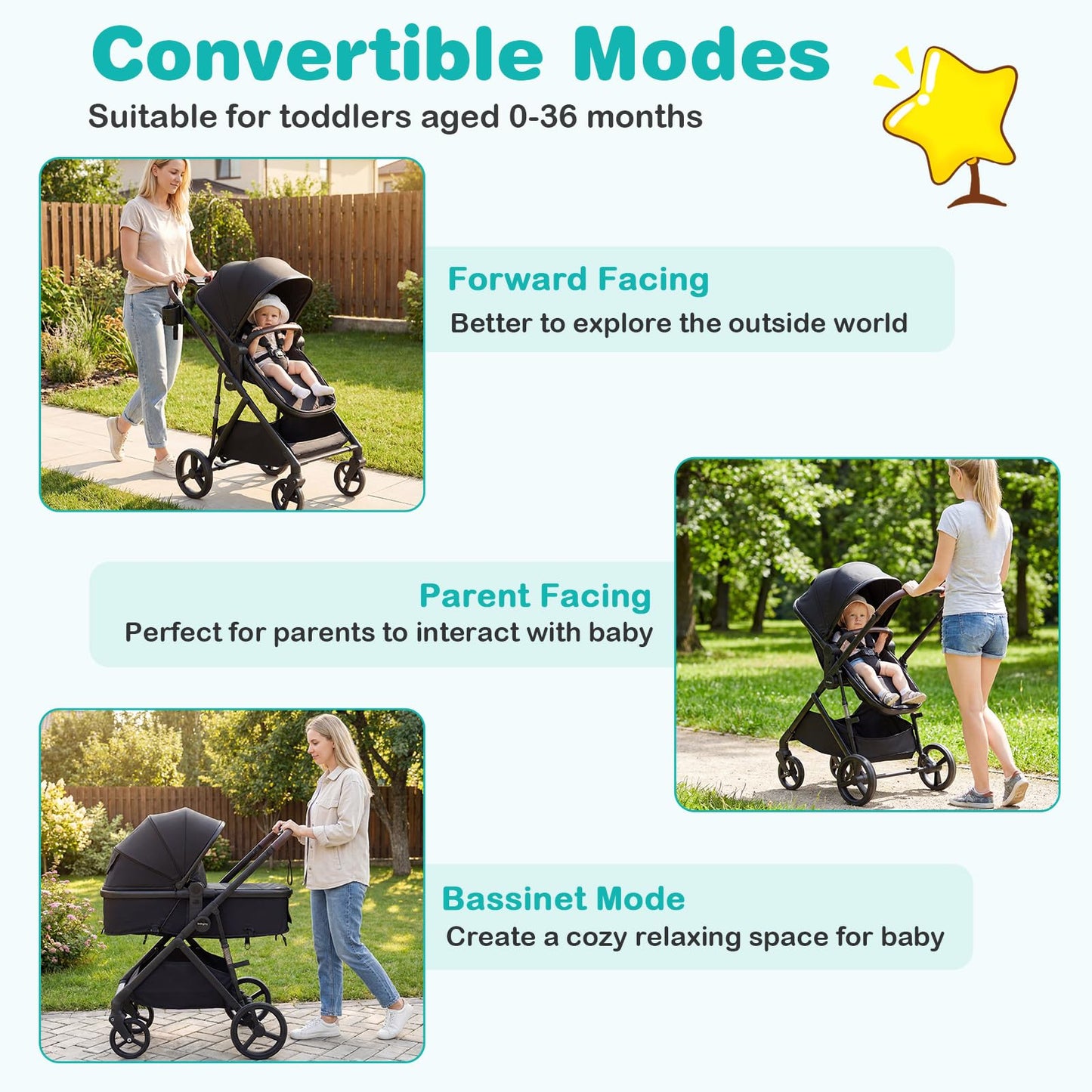 COSTWAY 3 in 1 Baby Stroller, Foldable Travel System Pram with Reversible Seat, Adjustable Canopy & Backrest, Mesh Net, Storage Basket, Lightweight Infant Newborn Pushchair for 0-36 Months (Grey)