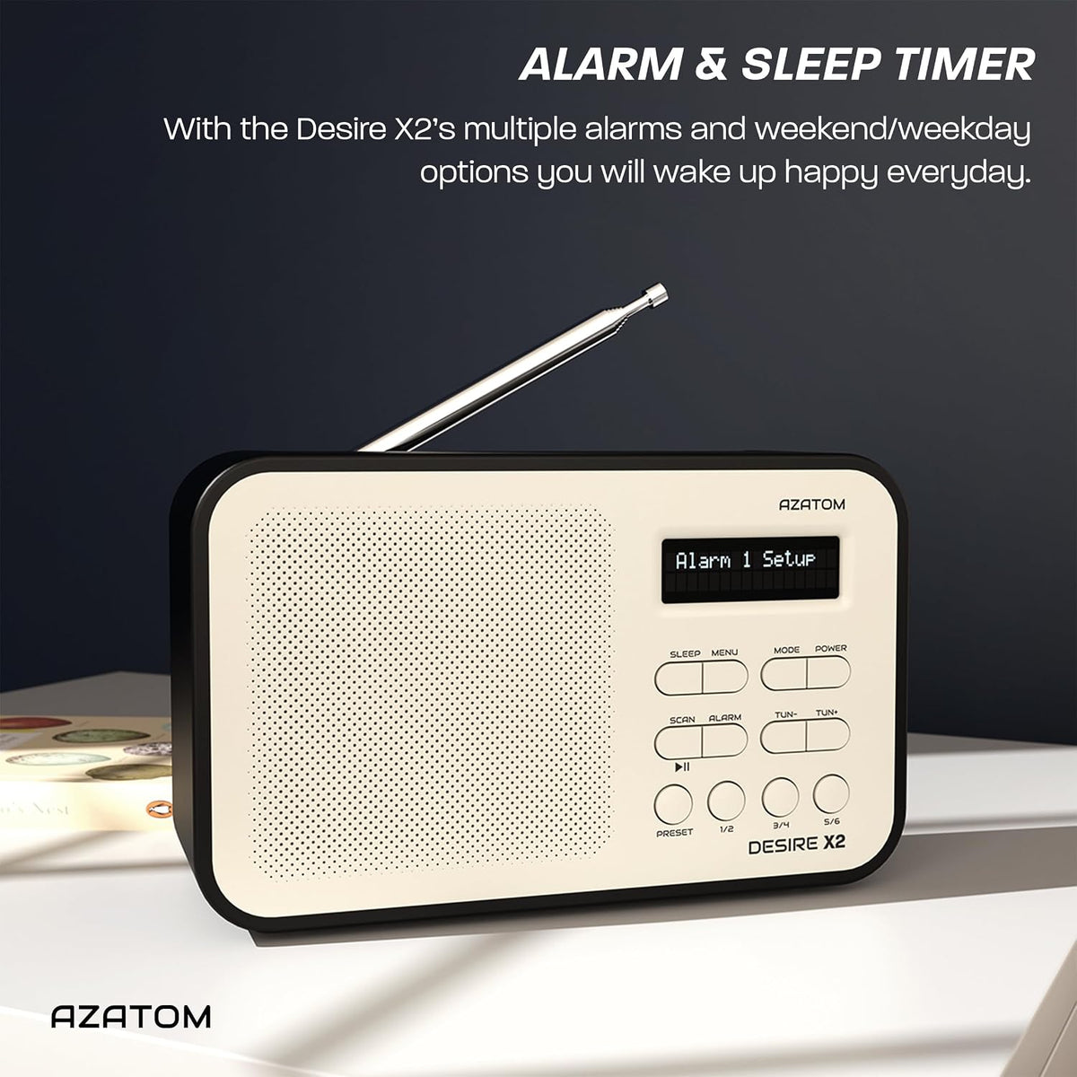 DAB/DAB+ & FM Portable Digital Radio | Simple Controls | Dual Alarms & Sleep Timer | Battery & Mains Powered (4x”AA”) | Bluetooth | Perfect for Home, Office or Outdoors | AZATOM Desire X2 (Black)