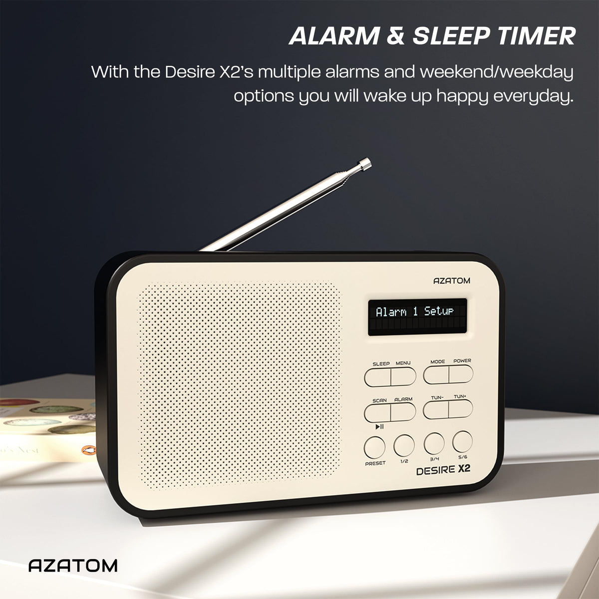 DAB/DAB+ & FM Portable Digital Radio | Simple Controls | Dual Alarms & Sleep Timer | Battery & Mains Powered (4x”AA”) | Bluetooth | Perfect for Home, Office or Outdoors | AZATOM Desire X2 (Black)