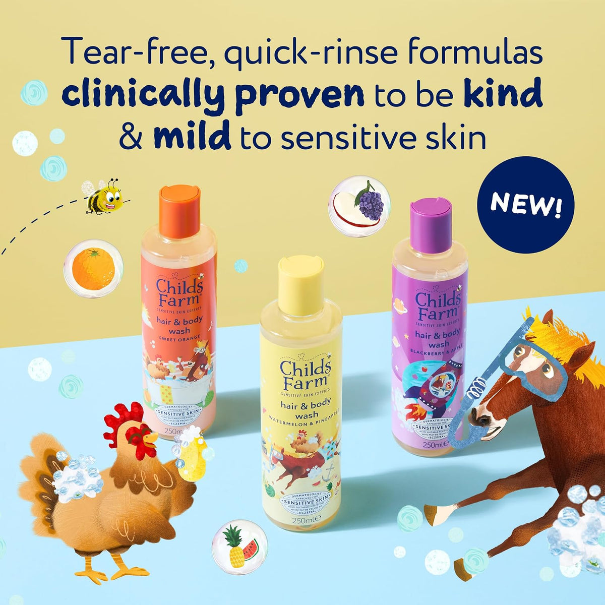 Childs Farm Hair & Body Wash Bundle | Sweet Orange (250ml), Blackberry & Apple (250ml) and Watermelon & Pineapple (250ml) | Suitable for Newborns, Kids & Adults with Sensitive, Dry & Eczema-Prone Skin