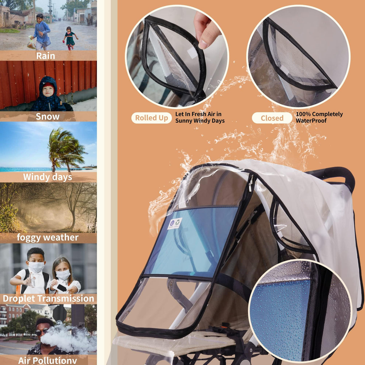 Bemece Universal Rain Cover for Pushchair, Breathable & Transparent