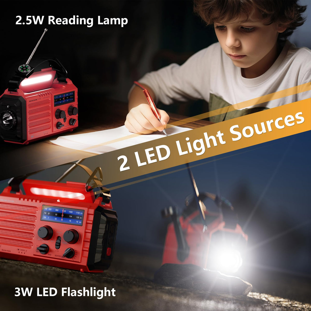 Mesqool Wind Up Radio Solar Powered, 5000mAh Emergency Hand Crank AM FM Radio with Flashlight, Reading Lamp, USB Phone Charger, SOS Alarm and Compass
