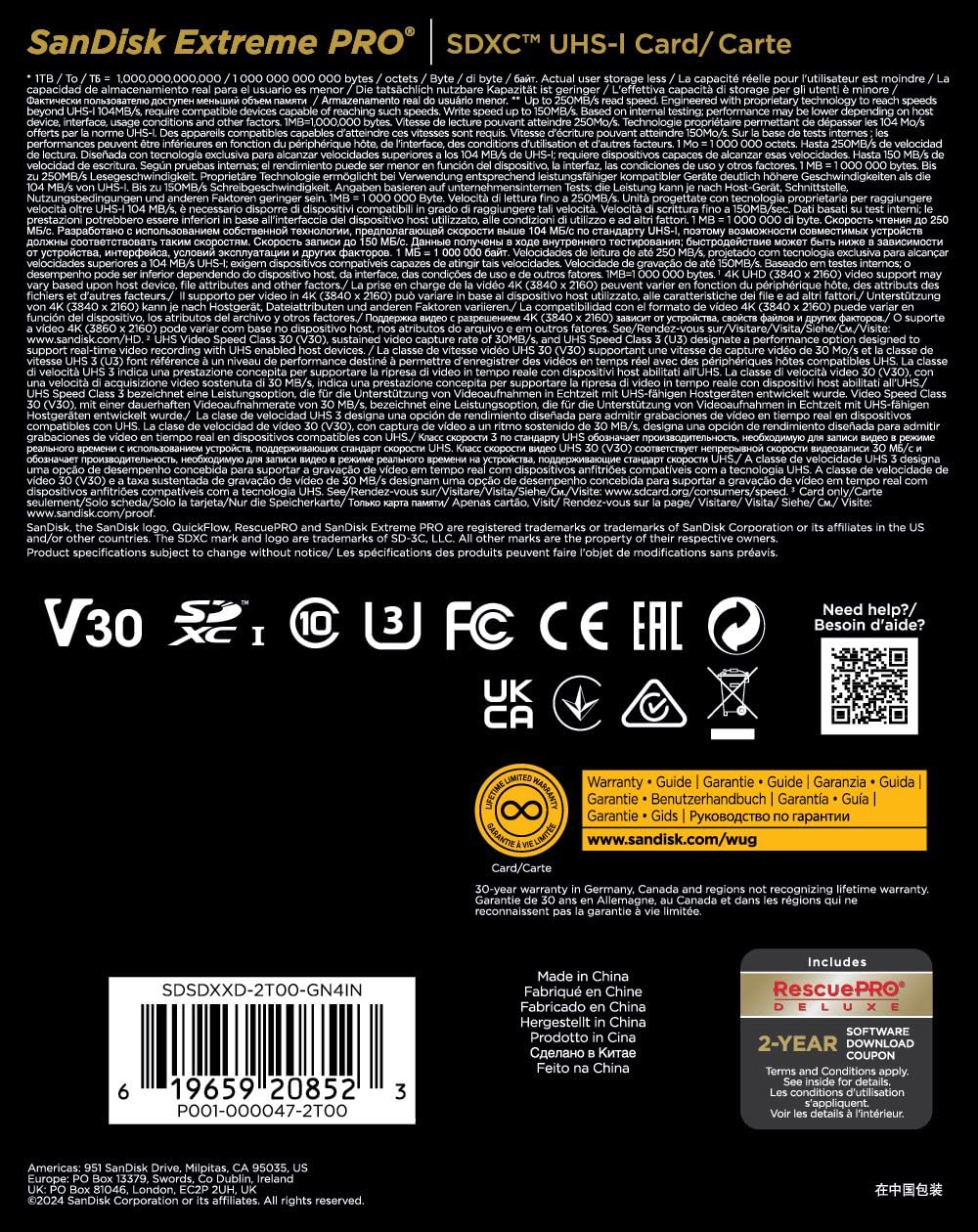 SanDisk 128GB Extreme PRO SDXC card, SD Card, V30 Memory Card, 4K UHD, up to 200 MB/s, SanDisk QuickFlow Technology, RescuePro Deluxe Data Recovery Software, UHS-I, Class 10, U3, V30