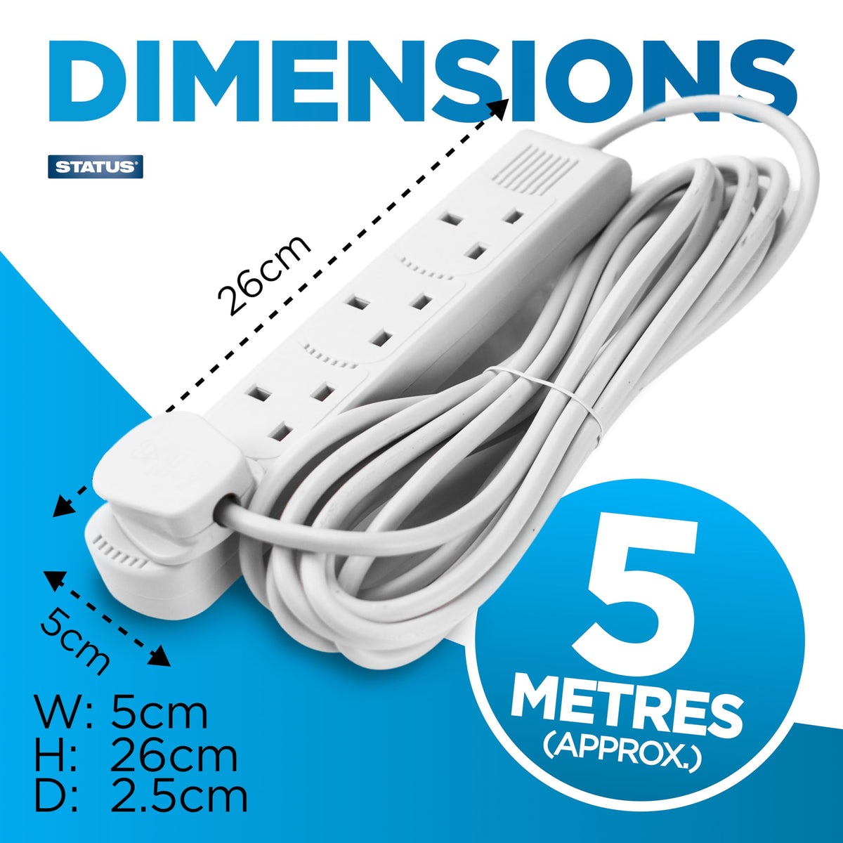 STATUS 4 Way Socket Extension Lead, 4m Cable with Neon Power Indicator, 13A Multi-Plug Strip for Home or Office, Wall Mountable, White (S4W4MS6)