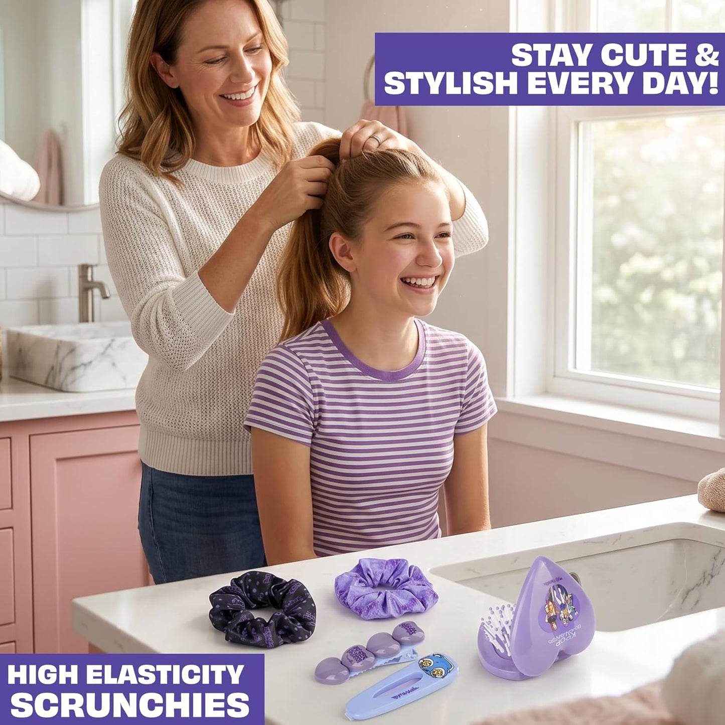 Get Trend Kpop Demon Hunters Huntrix Hair Accessories for Girls and Teens, 5 Piece Set with Hair Clips, Scrunchies & Foldable Hair Brush with Compact Mirror, For School, Outing and Travel, Kpop Gifts
