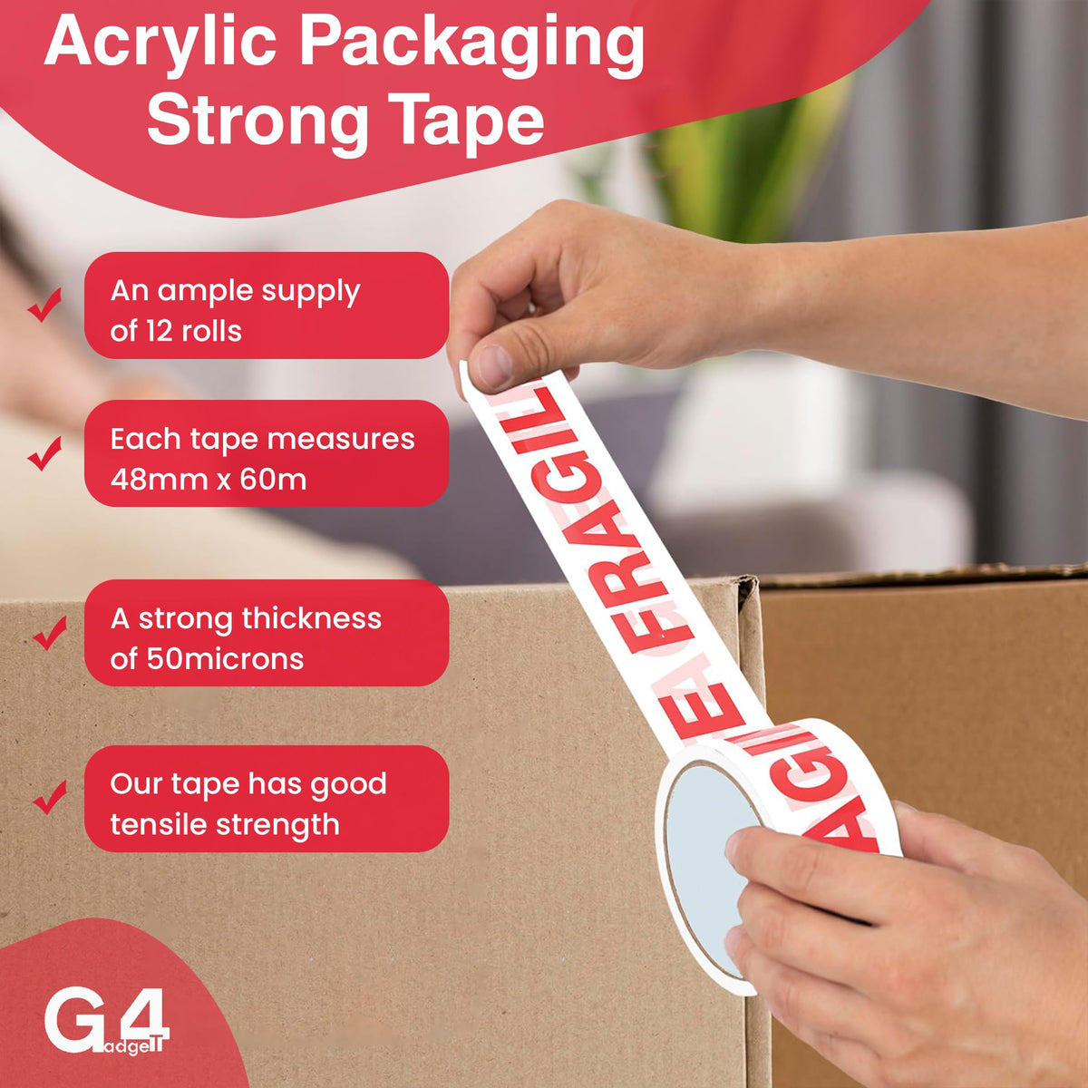 G4GADGET Pack of 3 Clear Packing Tape - Heavy Duty Transparent Tape 48mm x 66m - Ideal for Moving, Packing Boxes, and Secure Packaging