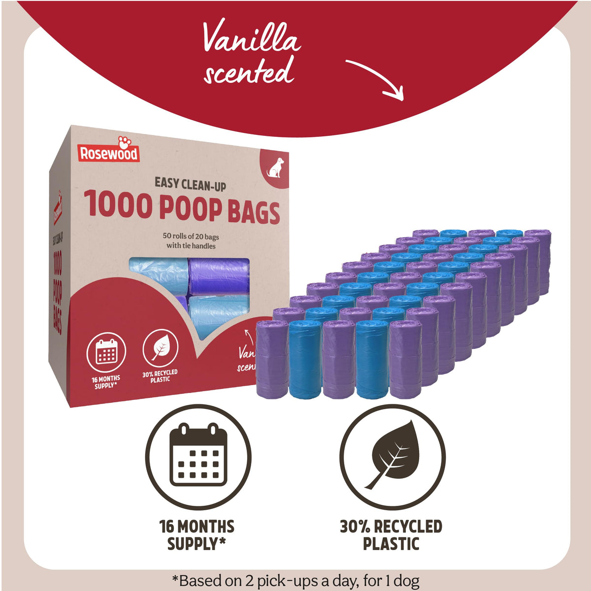 Rosewood Dog Poo Bags with Handles - 100 Easy Clean-Up Poop Bags, Loose Packed Dog Waste Bags with Tie Handles, Lightly Scented, Black