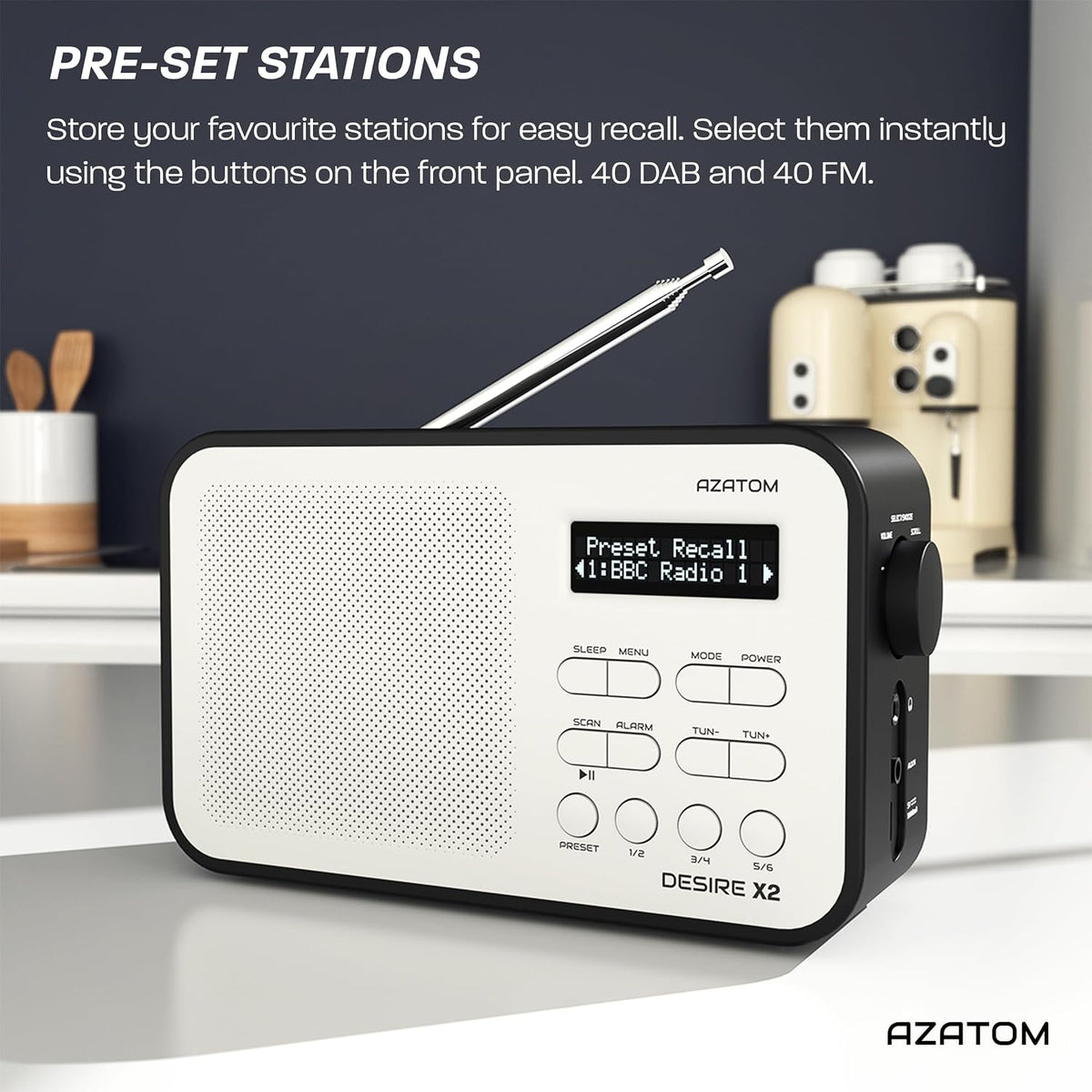 DAB/DAB+ & FM Portable Digital Radio | Simple Controls | Dual Alarms & Sleep Timer | Battery & Mains Powered (4x”AA”) | Bluetooth | Perfect for Home, Office or Outdoors | AZATOM Desire X2 (Black)