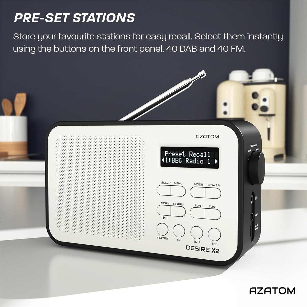 DAB/DAB+ & FM Portable Digital Radio | Simple Controls | Dual Alarms & Sleep Timer | Battery & Mains Powered (4x”AA”) | Bluetooth | Perfect for Home, Office or Outdoors | AZATOM Desire X2 (Black)