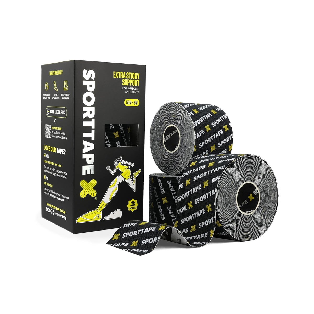 SPORTTAPE Kinesiology Tape, 5cm x 5m, Black - Waterproof, Hypoallergenic