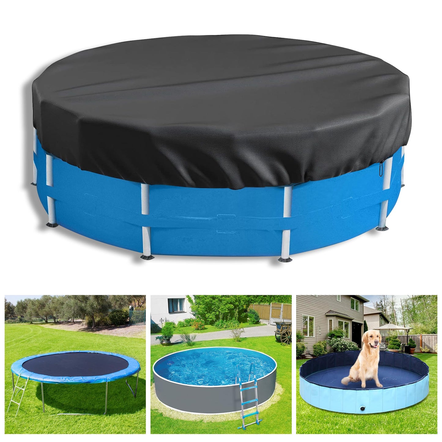 Round Pool Cover for above ground Swimming pools, Heavy Duty Oxford Fabric, Tear Resistant, Ideal for Circle & Round-shaped Pool, Waterproof and Dustproof (12FT, Black)