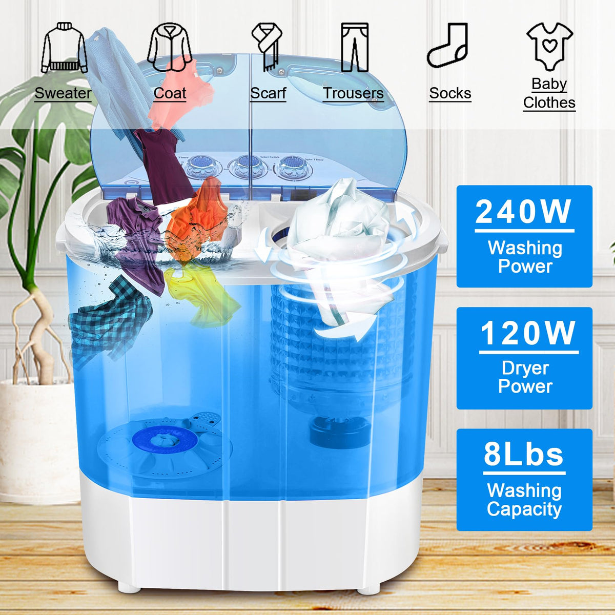 Display4top Electric Mini Portable Compact 3.6KG Capacity Washer Washing Machine Spin Dryer Laundry(Blue)