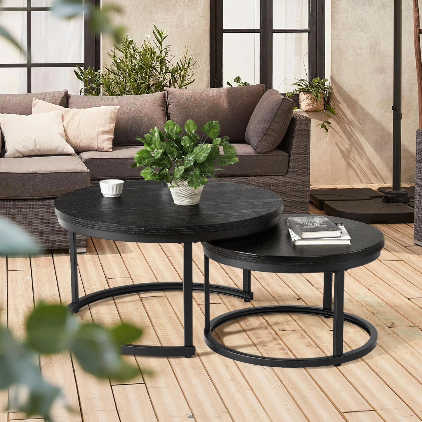 Hawthyhome Coffee Tables, Round Nesting Tables Tet of 2, Modern Side Tables with Metal Frame, Industrial Stacking End Tables for Living Room Bedroom Office, 60 * 60 * 45cm, Brown
