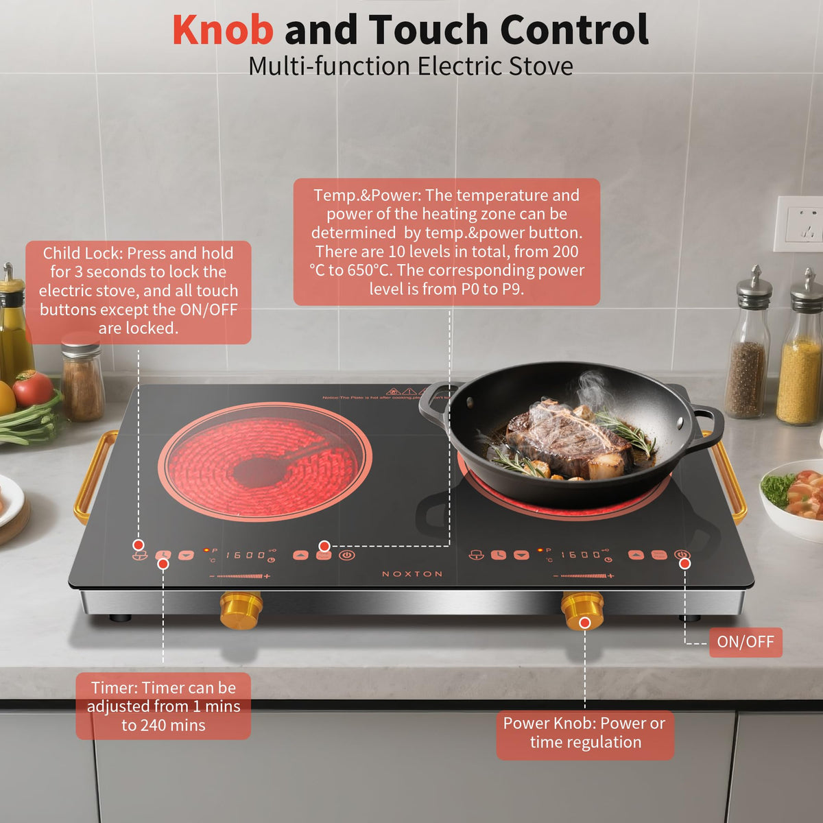 Noxton 2 Zone Ceramic Hob 30cm Electric Hob with Timer, Safe Lock, Pause Coutertop Use Hob with 13AMP Plug 2800W