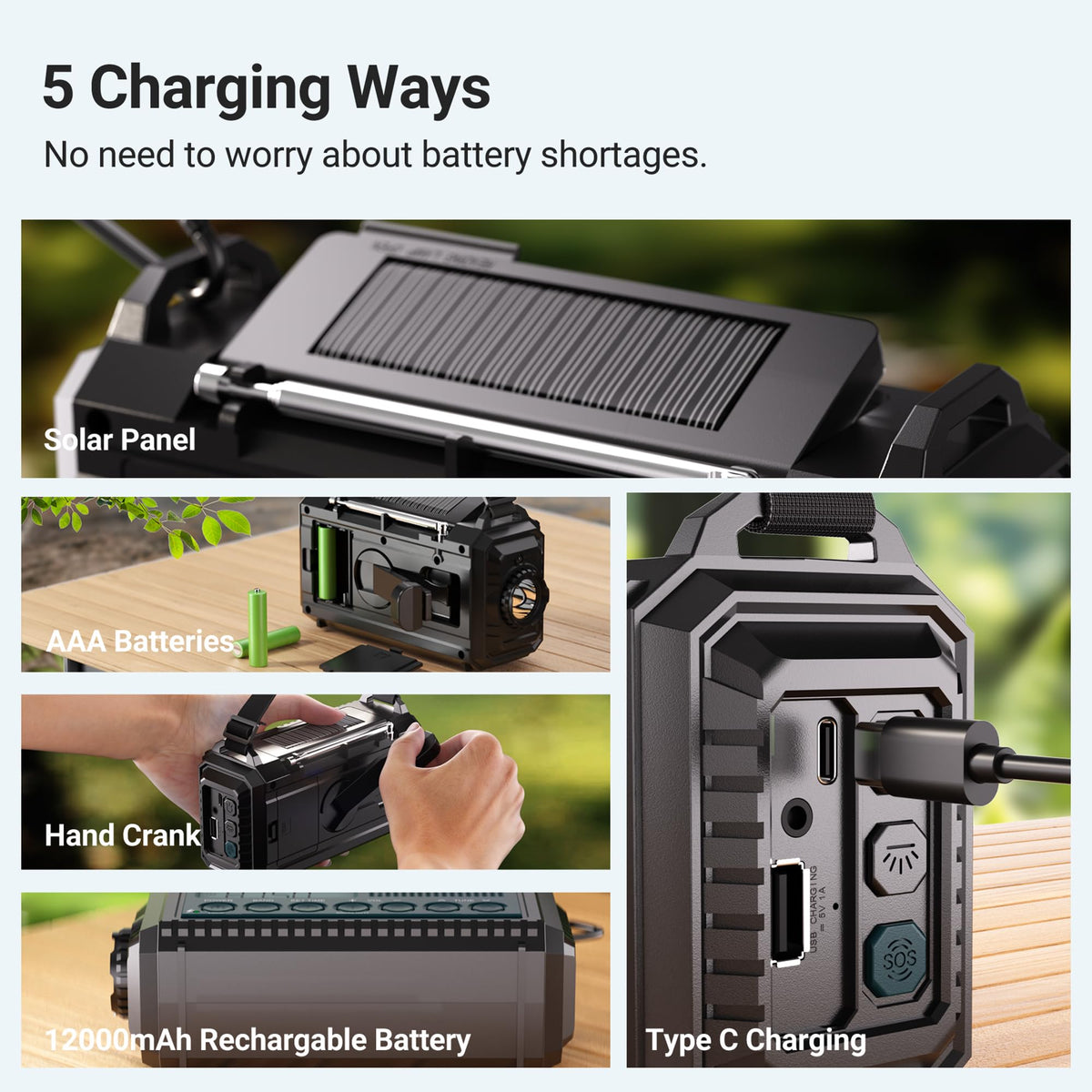 Mesqool Wind Up Radio Solar Powered, 5000mAh Emergency Hand Crank AM FM Radio with Flashlight, Reading Lamp, USB Phone Charger, SOS Alarm and Compass