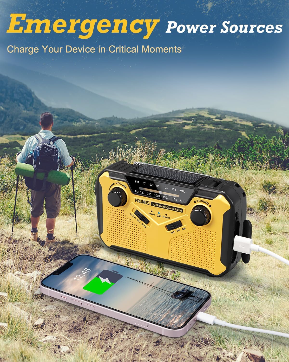 PRUNUS J-369 Wind Up Radio Solar, AM/FM Emergency Hand Crank Radio