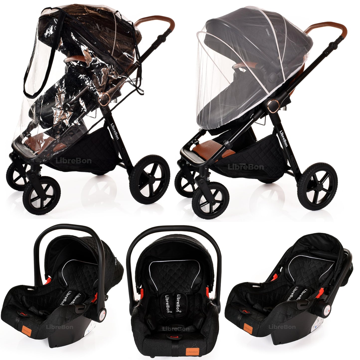 Baby Buggy Pram Pushchair Stroller 3 in 1 Child Lightweight Folding Stroller 3 in 1 Travel System Pram for Newborns & Toddlers from Birth Aluminum (Beige - Rose Gold Frame)