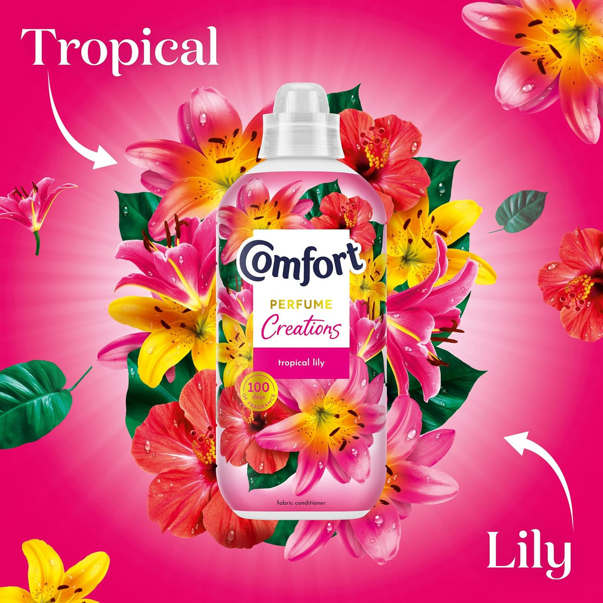 Comfort Perfume Creations Tropical Lily Fabric Conditioner Softener with Motion-Activated Fragrance Technology 100 Days of Freshness 45 washes (1.35 L)
