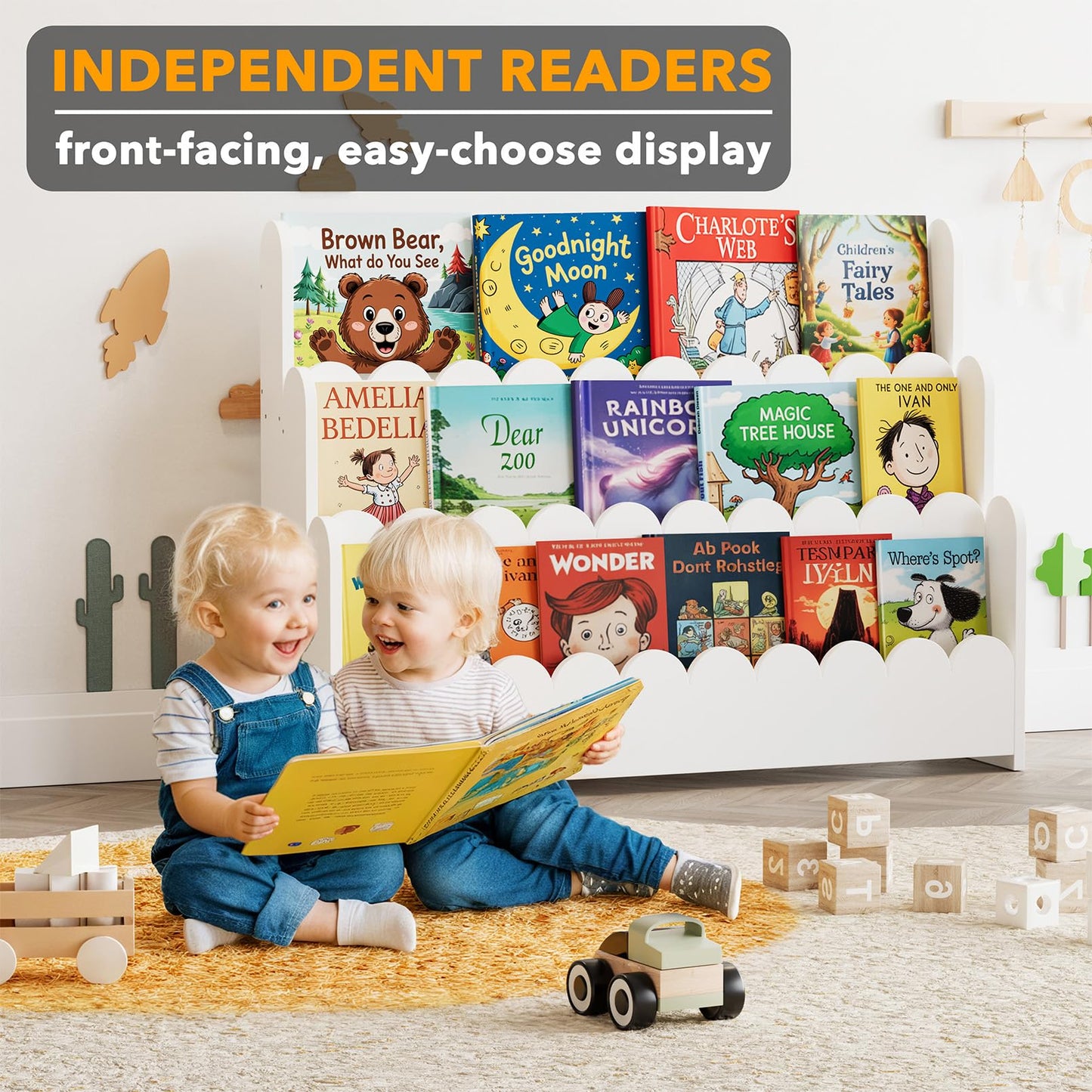 SpaceAid 3-Tier Scalloped Bookshelf, Montessori Bookcase for Toddlers, Wooden Book Shelf Organizer Display Furniture for Kids Rooms, Playroom, Nursery and Classroom, Natural