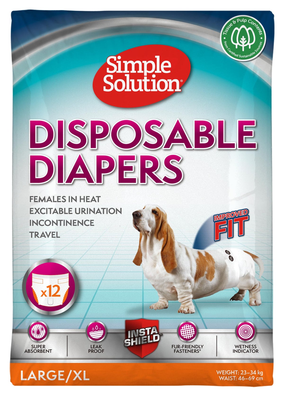Simple Solution Disposable Dog Diapers for Female Dogs, Super Absorbent Leak-Proof Fit with Wetness Indicator for Excitable Urination, Incontinence or Females in Heat - 12 Pack