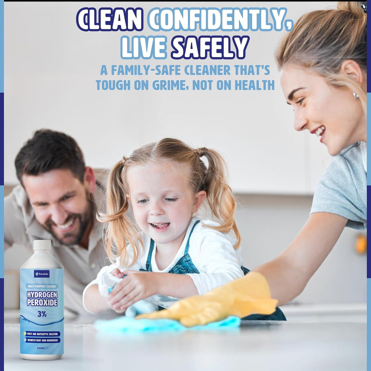 Pure Safe Hydrogen Peroxide 3% Solution 500ml – Multi-Purpose Household Cleaner, Surface Disinfectant, Mould and Mildew Remover, Stain Fighter, Grout Whitener, Kitchen and Bathroom Sanitiser