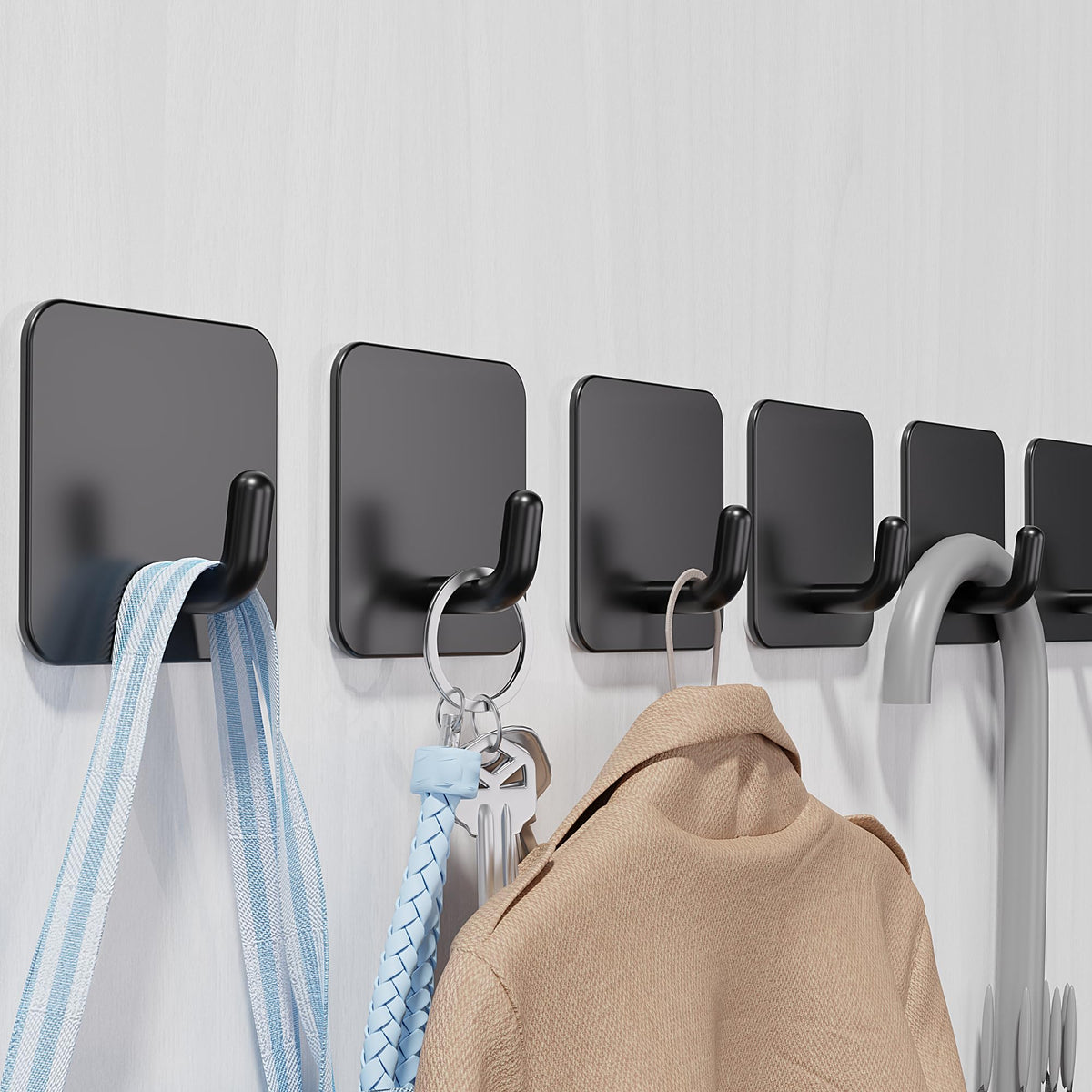 Aikzik 6 Pack Self Adhesive Hooks, Stainless Steel Sticky Hook Heavy Duty, Over 8kg Load - Hooks for Hanging for Towel, Coat, Key, Stick on Bathroom, Kitchen, Door and Wall, Black