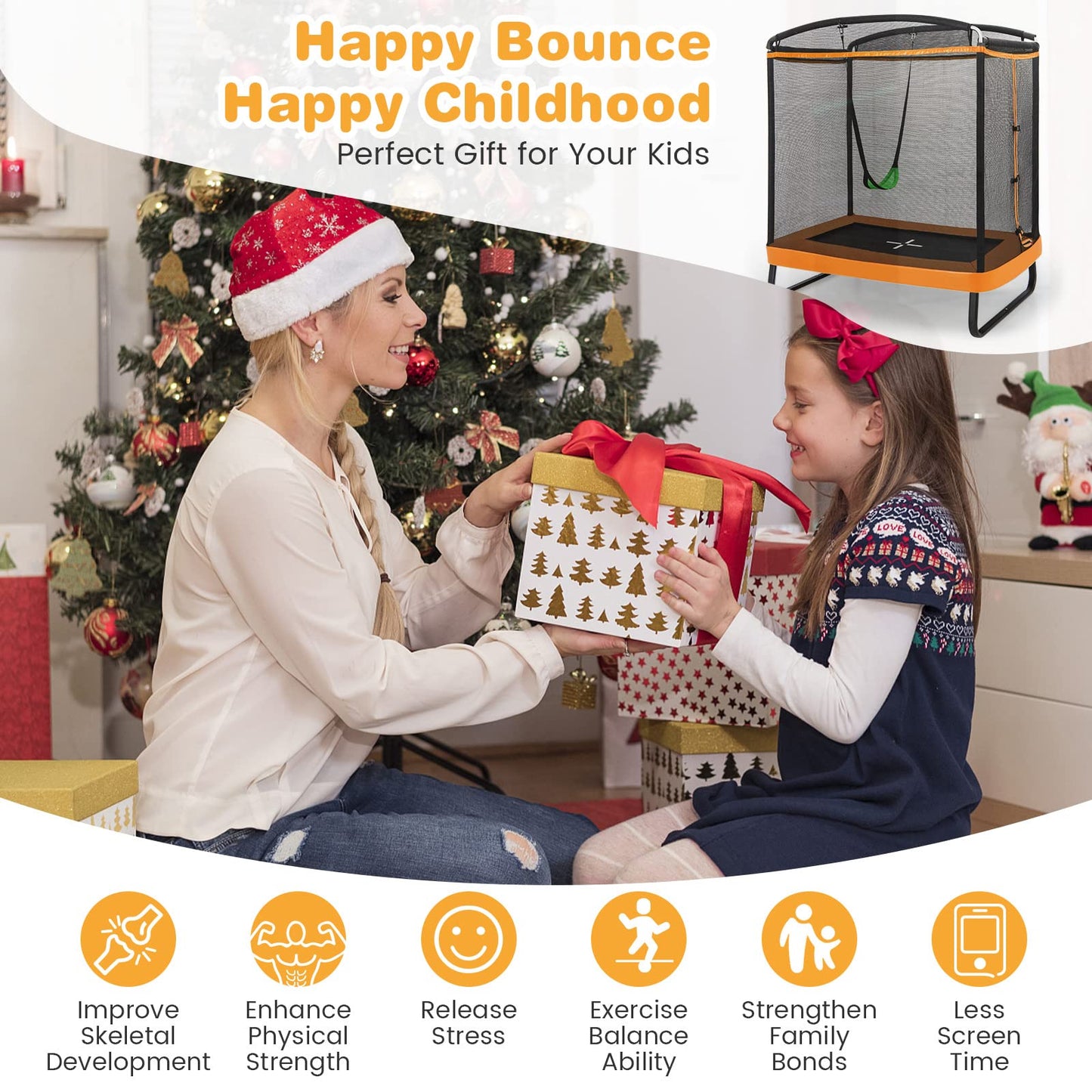 COSTWAY 6FT Kids Trampoline, 2 in 1 Toddler Trampolines with Swing and Enclosure Safety Net, Rectangle Trampoline for Outdoor