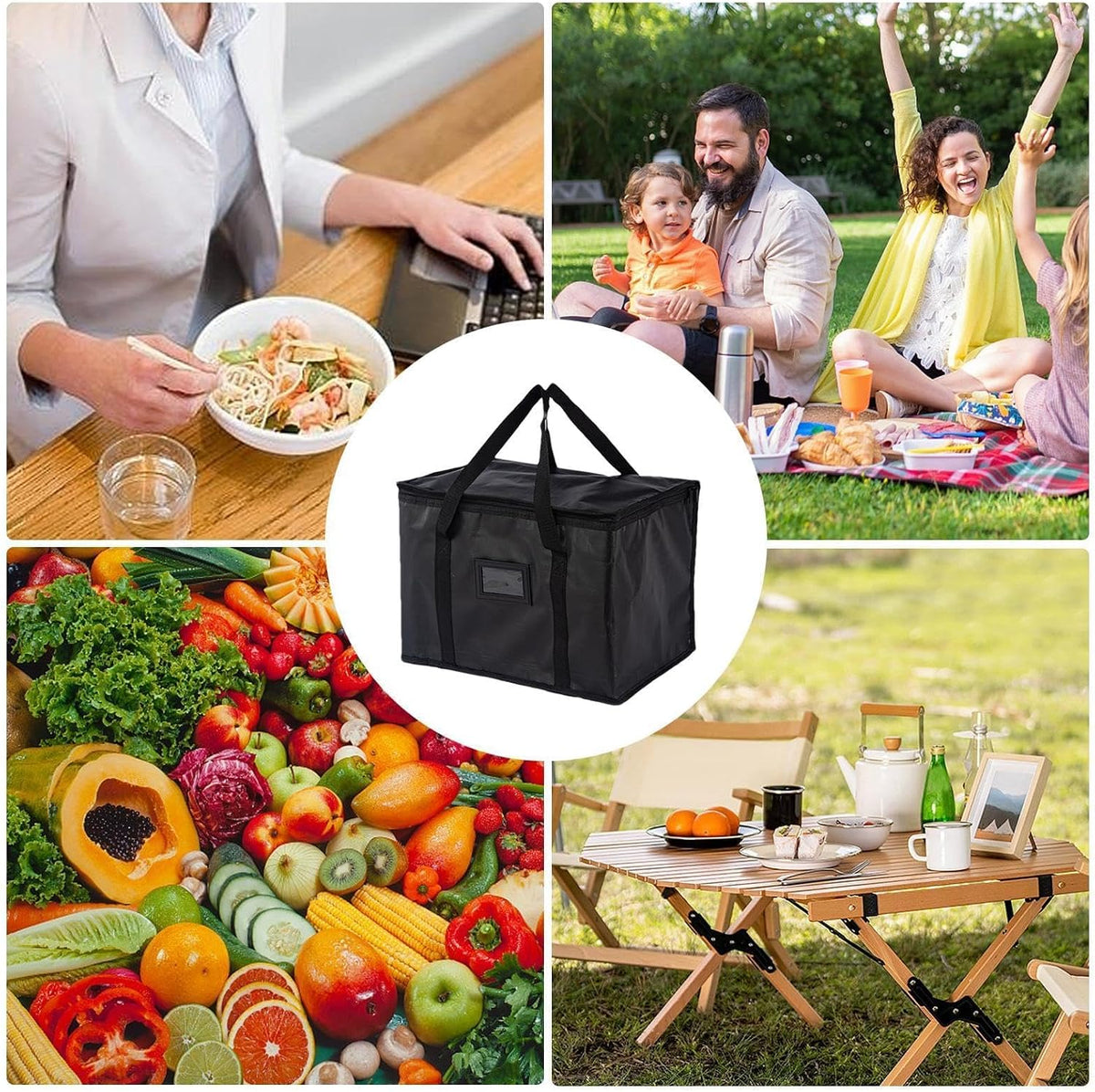 40L Insulated Thermal Food Delivery Bag for Hot & Cold Meals, Large Foldable Cooler with Insulation for Picnic, Camping, Lunch & Outdoor Use (Black)