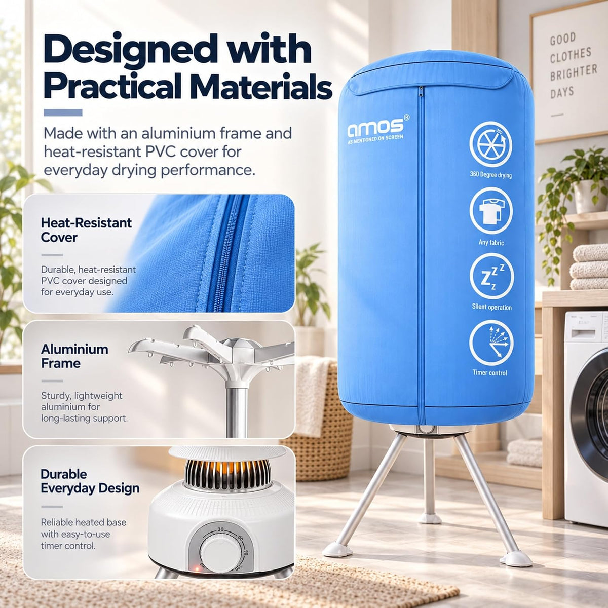 AMOS Eezy Dry Pod Heated Electric Clothes Dryer 10KG Capacity 1000W Indoor & Outdoor Folding Airer for Laundry Large Foldable Rack for Fast Drying With Cover (Dry Pod)