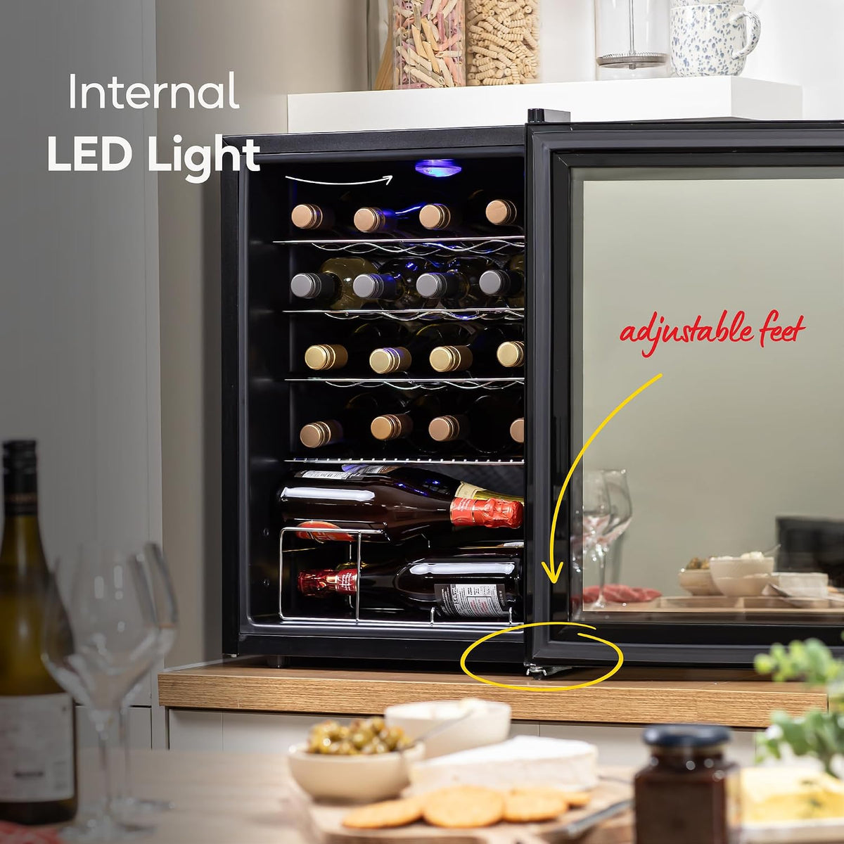 Russell Hobbs 20 Bottle 62L Mirrored Door Wine Cooler Freestanding Beverage Drinks Fridge, LED Light with Touch Control, Digital Display, Adjustable Shelves, Glass Door RH20WC201MR